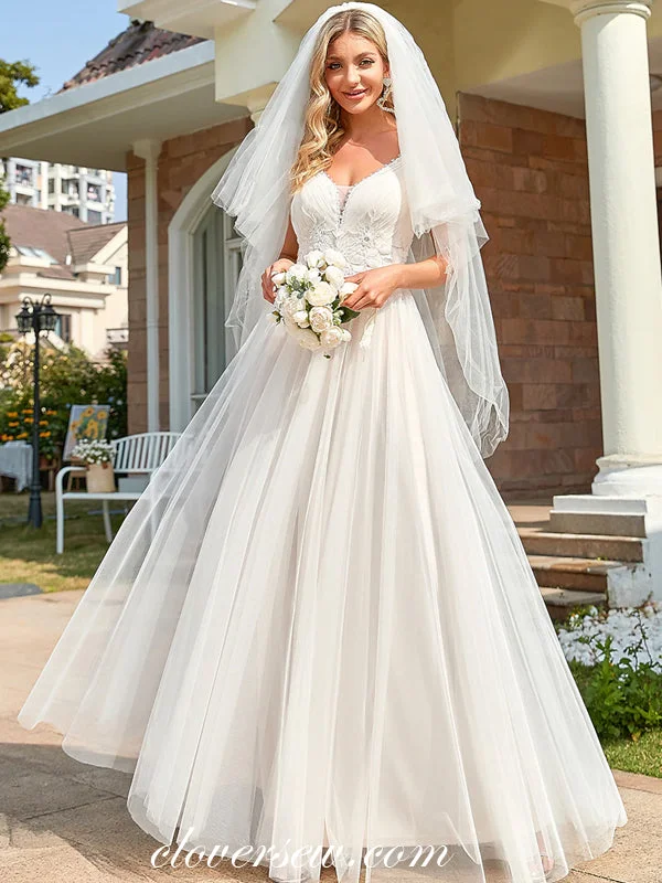 White Tulle Sleevess Lace Applique A-line Country Wedding Dresses, CW0312