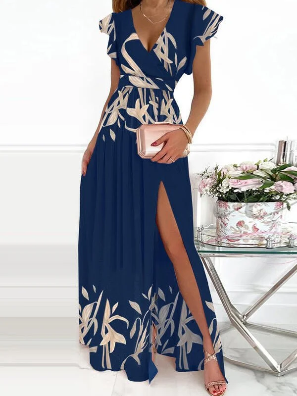 V-Neck Printed Short Sleeve Slit Dress