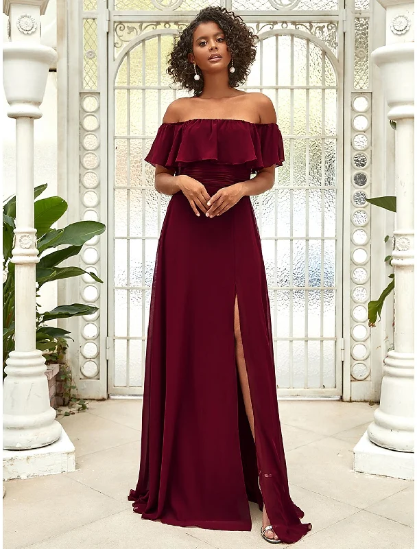 A-Line Bridesmaid Dress Off Shoulder Sleeveless Elegant Floor Length Chiffon with Ruffles / Draping / Solid Color