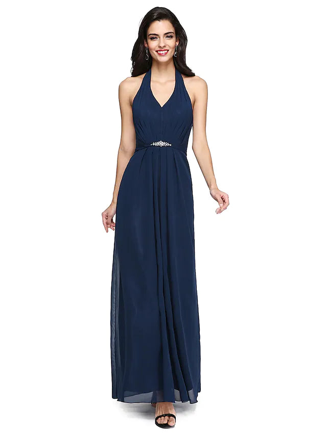 A-Line Bridesmaid Dress V Neck Sleeveless Elegant Floor Length Chiffon with Pleats