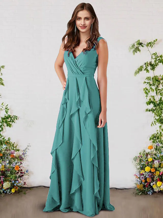 A-Line Bridesmaid Dress V Neck Sleeveless Elegant Floor Length Chiffon with Ruffles