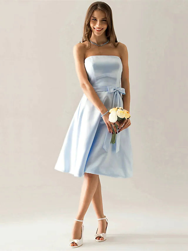 Bridesmaid Dress Strapless Sleeveless Elegant Knee Length Satin with Sash  Ribbon  Bow(s)