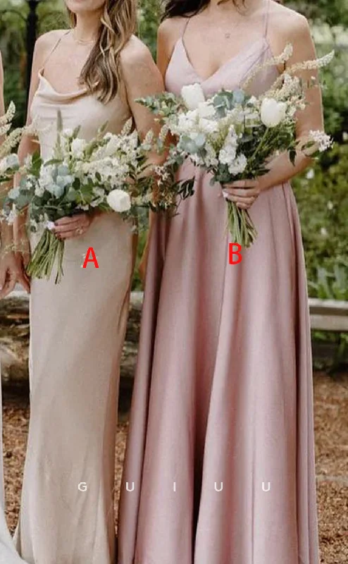 GB118 - Chic A-Line V-Neck Straps Satin Long Bridesmaid Dress