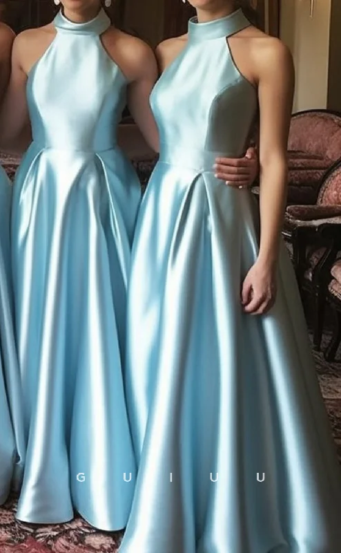 GB158 - Timeless & Classic A-Line Halter Draped Floor-Length Bridesmaid Dress