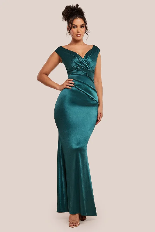 Goddiva Satin Off The Shoulder Maxi Dress - Emerald Green