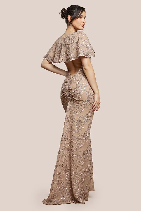 Goddiva Scalloped Cape Open Back Lace & Sequin Maxi Dress - Champagne