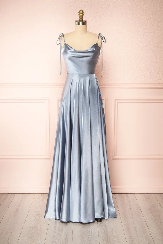 Moira Blue | Cowl Neck Satin Maxi Dress w/ High Slit