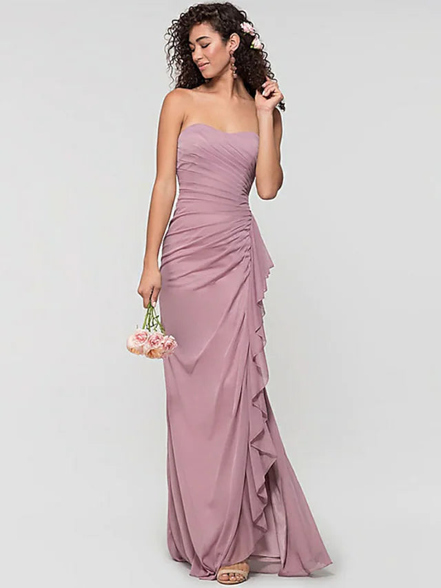 Bridesmaid Dress Sweetheart Neckline Sleeveless Open Back Sweep  Brush Train Chiffon with Ruffles  Split Front  Ruching